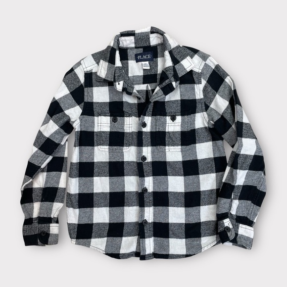 Children’s Place Boys Plaid Flannel Button-Up Shirt Size 7/8 Black White - Picture 1 of 2